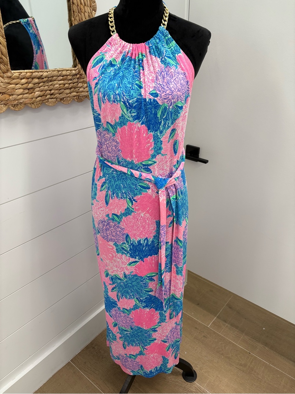 Lilly Pulitzer Pink & Blue Halter Maxi with Gold Chain